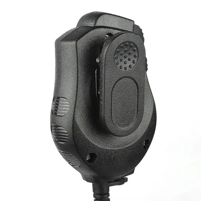 Black handheld speaker microphone with a swivel clip.