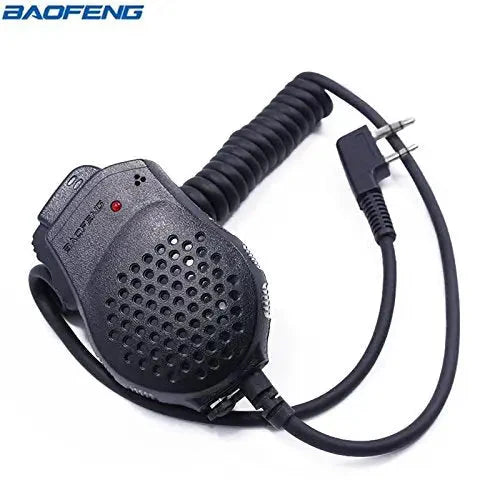 Black wired two-pin speaker microphone with coiled cable.