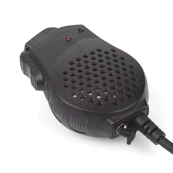 Black two-way radio speaker microphone with a red indicator light and a coiled cord.