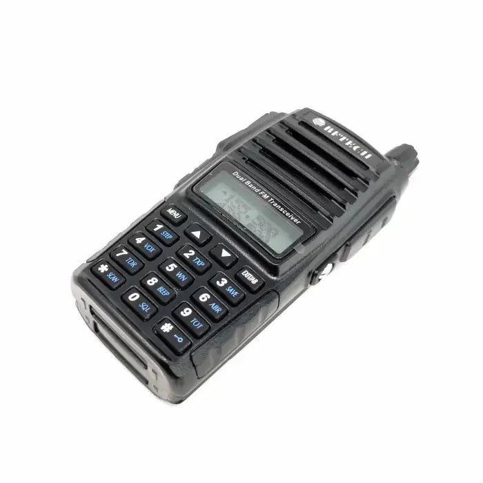 Black dual-band handheld FM transceiver with a keypad and display.