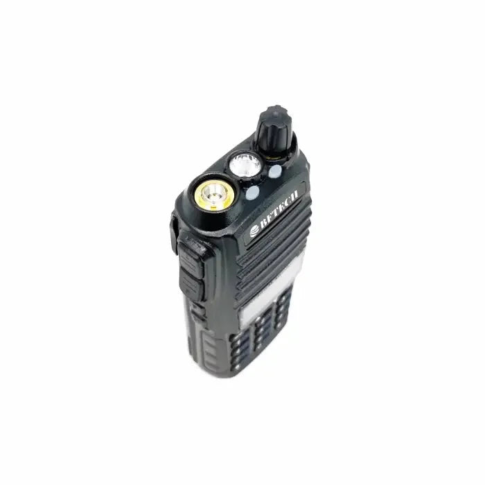Black walkie-talkie with a built-in flashlight.