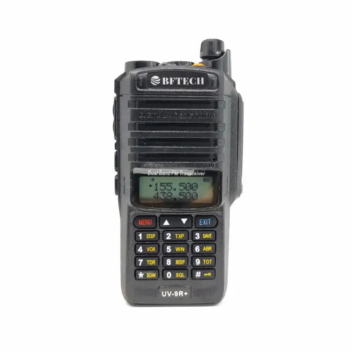 Black dual-band two-way radio with a keypad and LCD screen