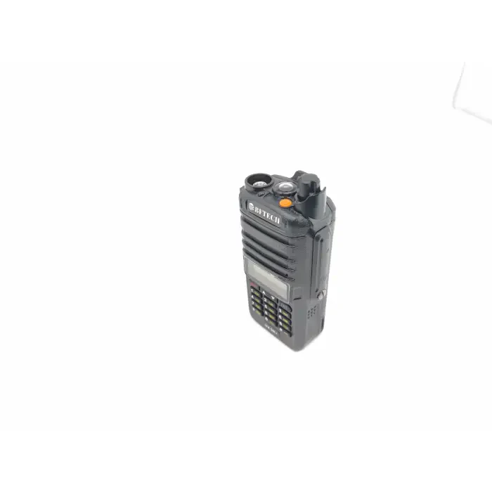 Black handheld two-way radio with a keypad and a display screen.