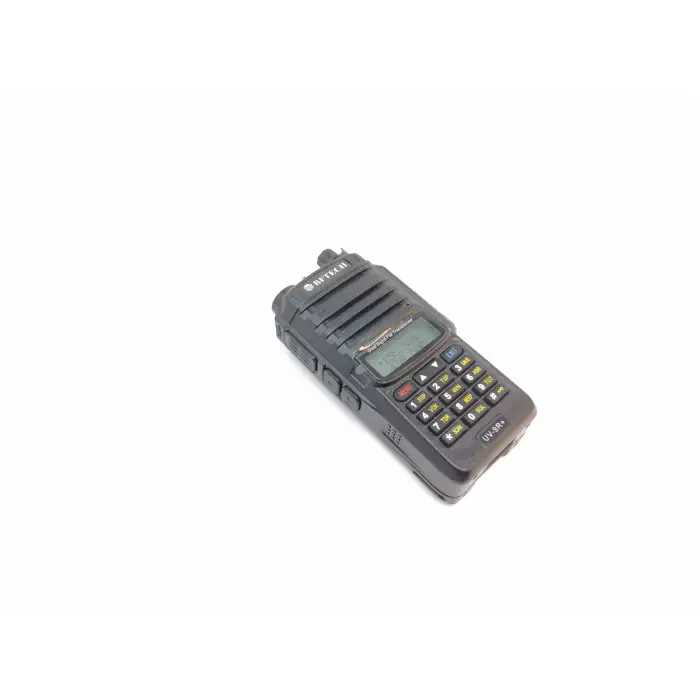 Black handheld two-way radio with a display and keypad