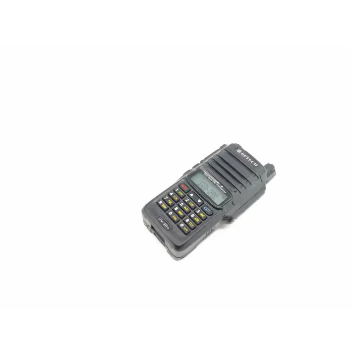 A black handheld two-way radio with a keypad and a small screen.