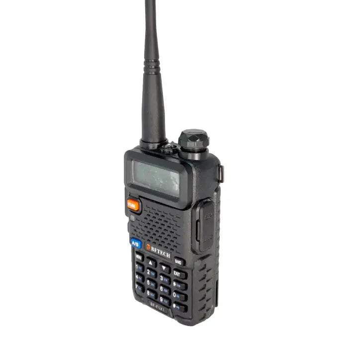 Black two-way radio with an antenna and keypad.