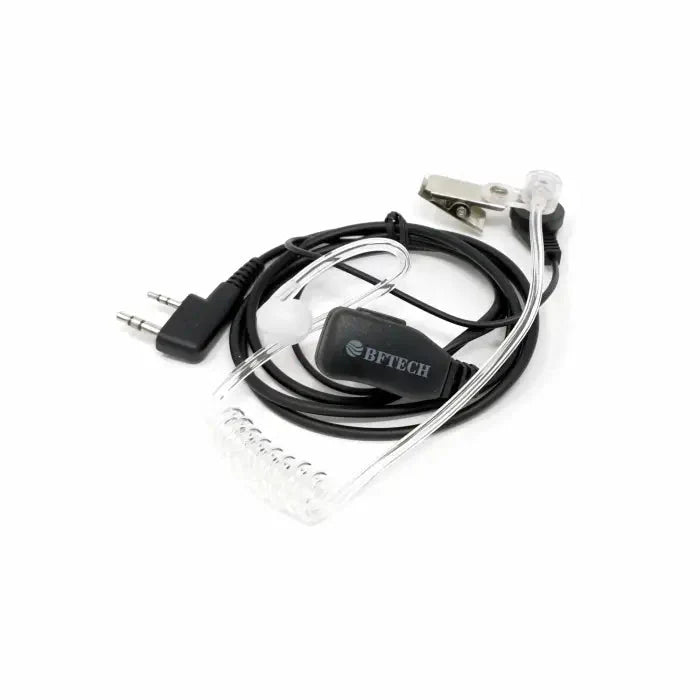 A two-pin walkie-talkie earpiece with an acoustic tube and inline microphone.