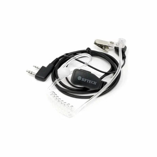 A two-pin walkie-talkie earpiece with an acoustic tube and inline microphone.