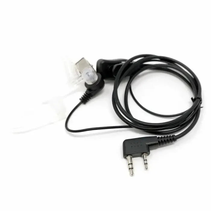 Black two-pin walkie-talkie earpiece with clear acoustic tube.