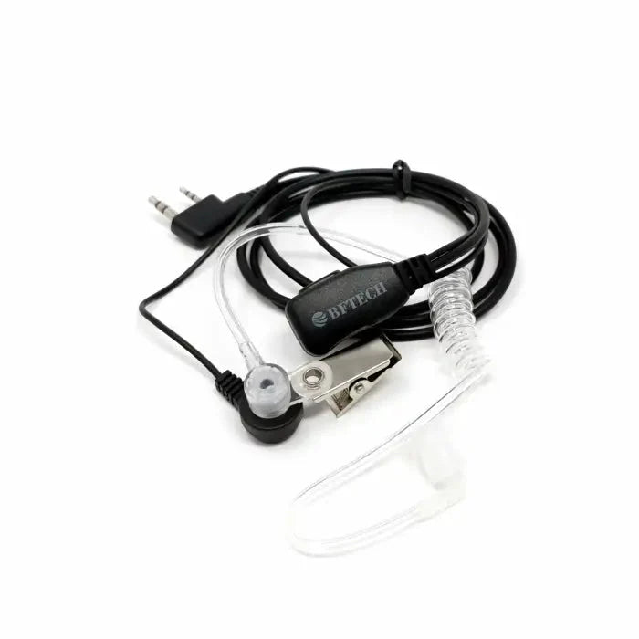 Black two-pin walkie-talkie earpiece with clear acoustic tube and in-line PTT button.