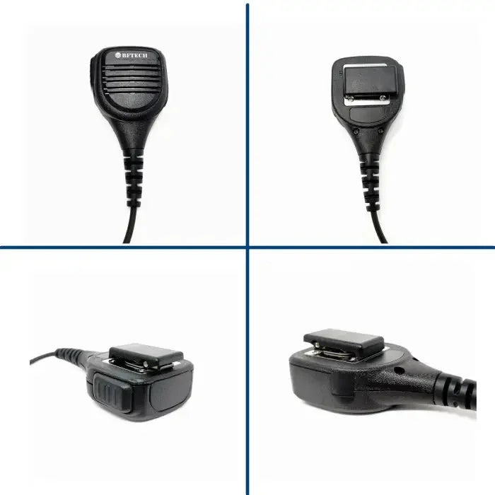 Black handheld speaker microphone for two-way radios.
