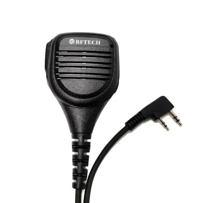 Black two-way radio speaker microphone with an angled dual-pin connector.
