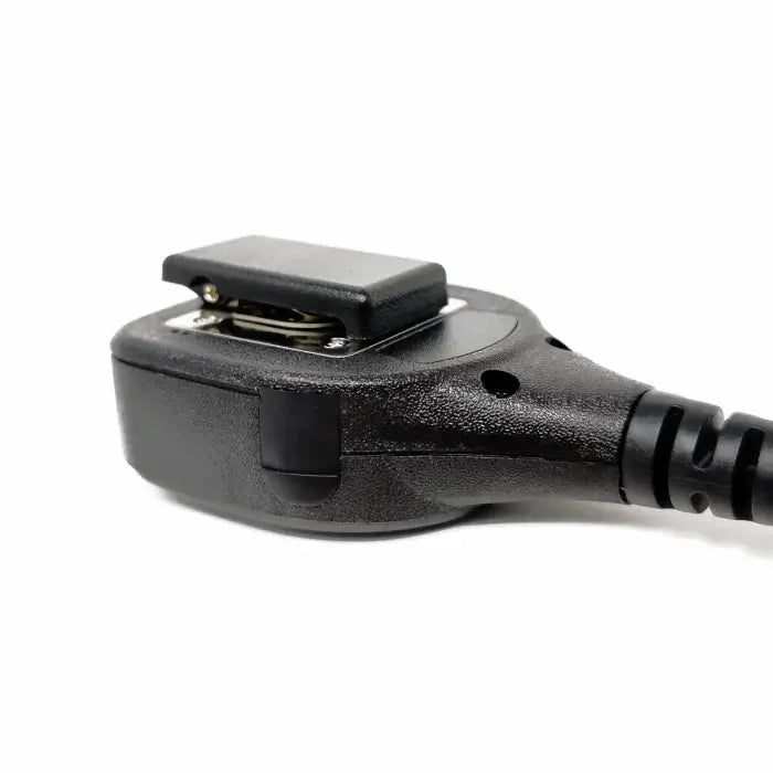 Black push-to-talk (PTT) speaker microphone with a spring clip.