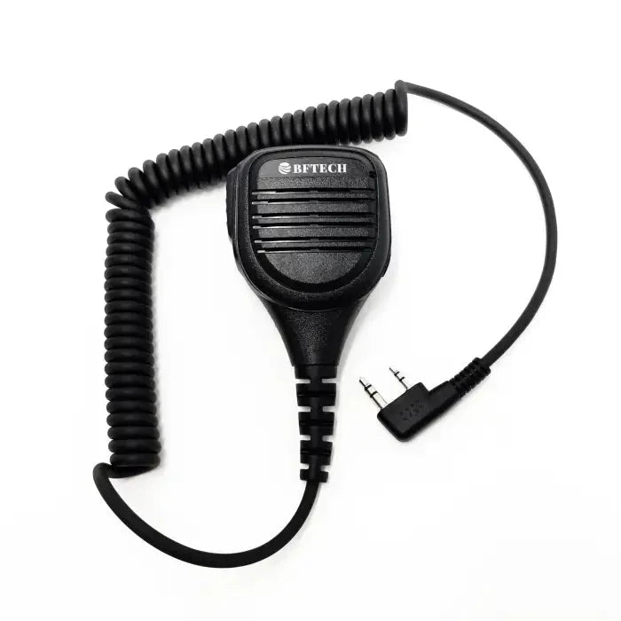 Black walkie-talkie speaker microphone with a coiled cord and a dual-pin connector.