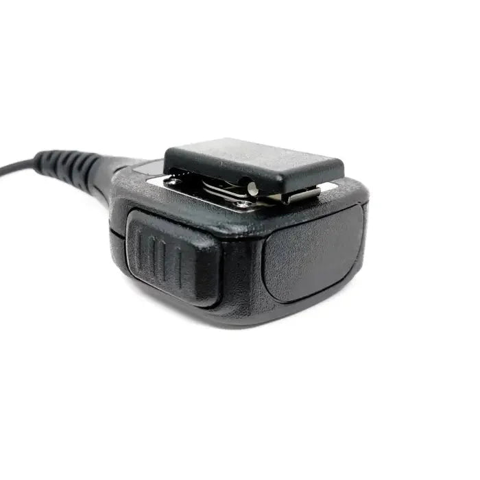Black two-way radio remote speaker microphone with a belt clip.
