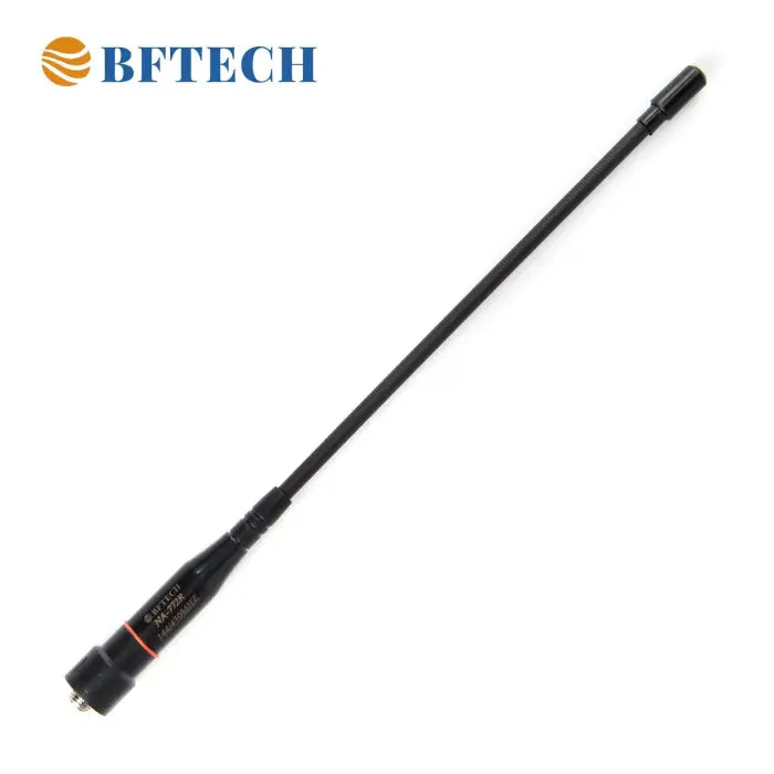 Black two-way radio antenna with a metal connector.