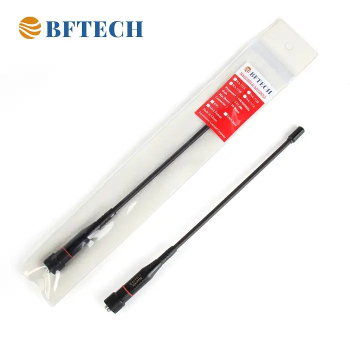 Two black radio antennas, one packaged and one unpackaged.