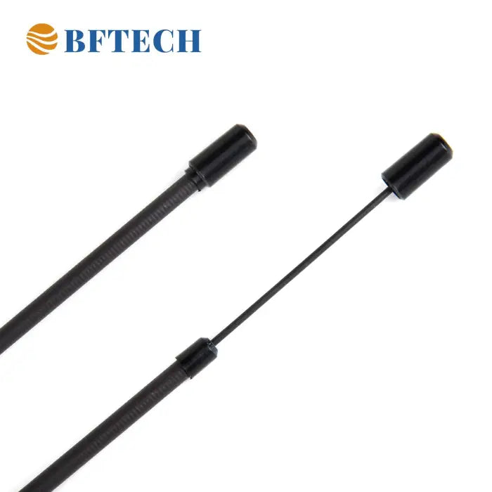 Black fiber optic cables with protective caps.