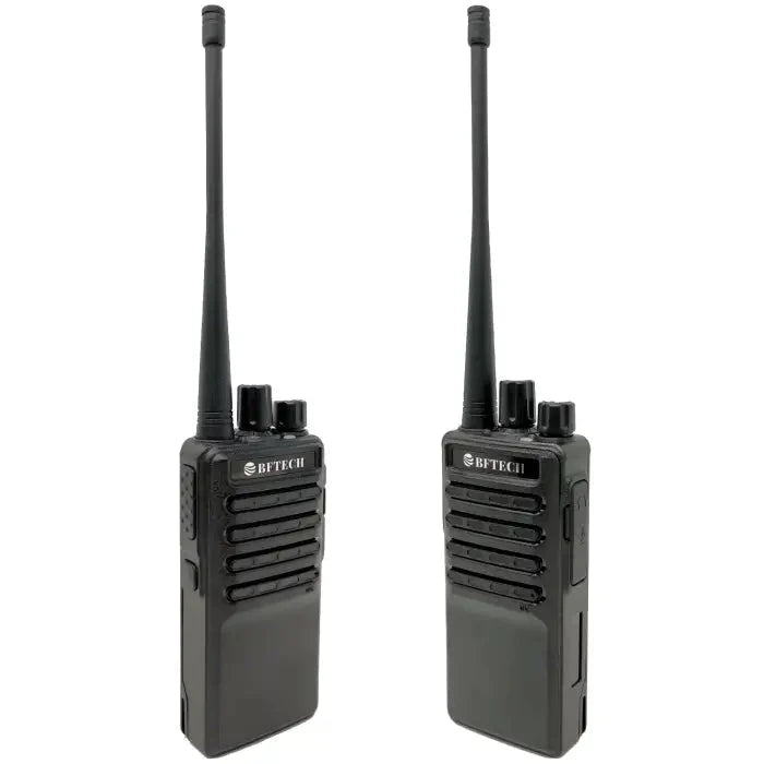Two black walkie-talkies with antennas.