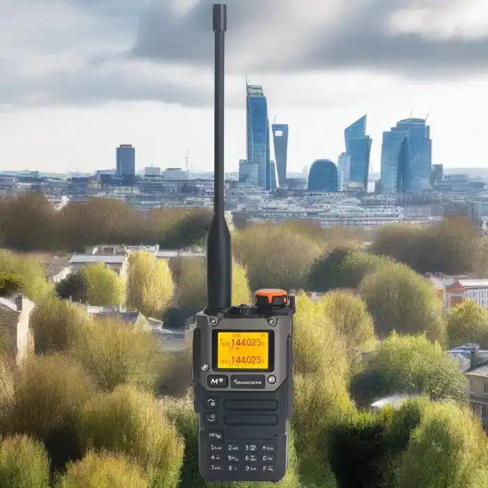 Black handheld two-way radio.