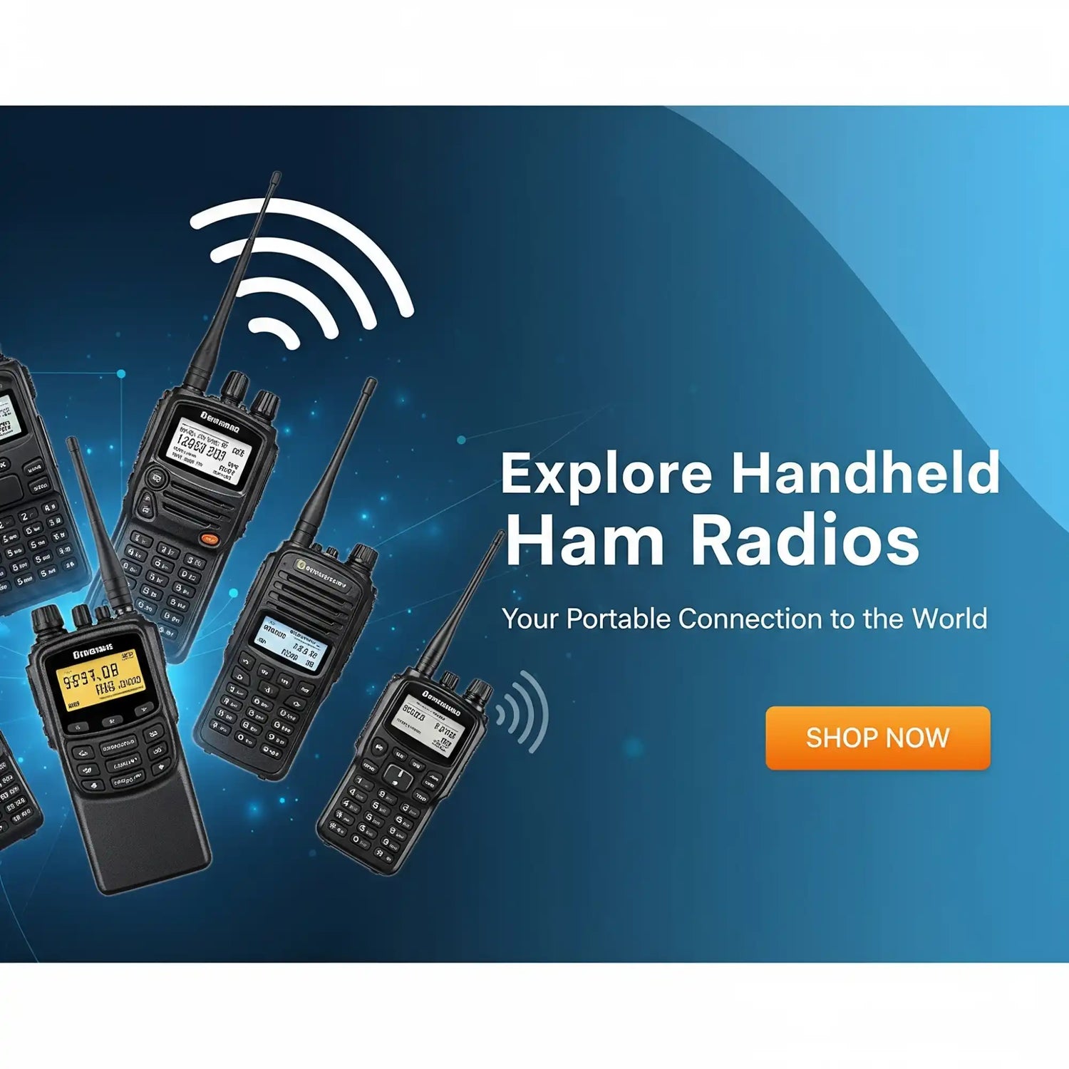 A collection of handheld ham radios with antennas and digital displays