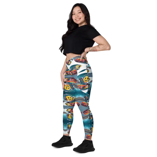 Woman wearing patterned leggings.