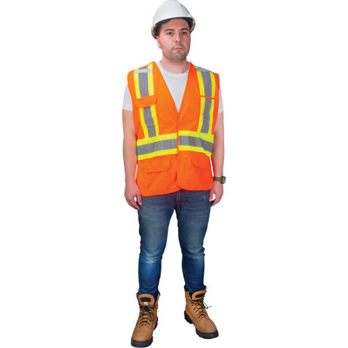 Man in an orange reflective safety vest, white shirt, blue jeans, and brown work boots.