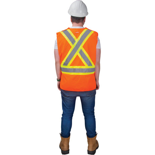 Orange reflective safety vest worn by a person.