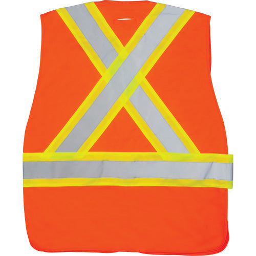 An orange high-visibility safety vest with reflective silver and yellow stripes.