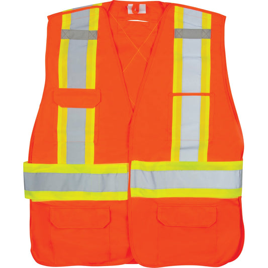 An orange high-visibility safety vest with reflective yellow and silver stripes and multiple pockets.