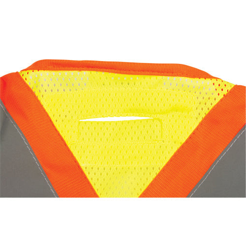 A fluorescent yellow and orange mesh safety vest with reflective accents.