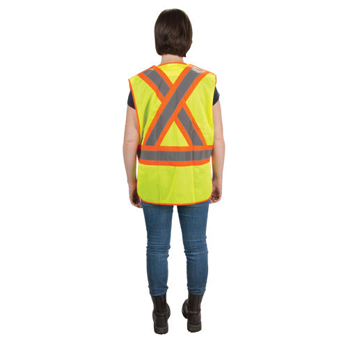 A neon yellow safety vest with orange and reflective grey X-shaped stripes on the back.