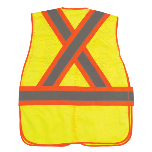 Yellow mesh safety vest with orange and reflective grey X-shaped and horizontal bands.