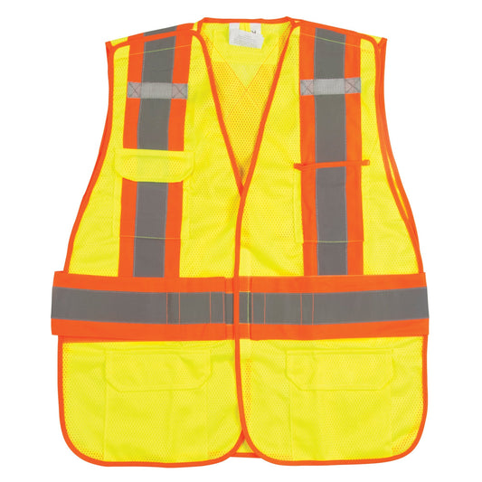 Yellow mesh safety vest with orange and reflective gray stripes and multiple pockets.