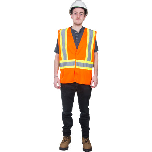 An orange high-visibility safety vest with reflective stripes.