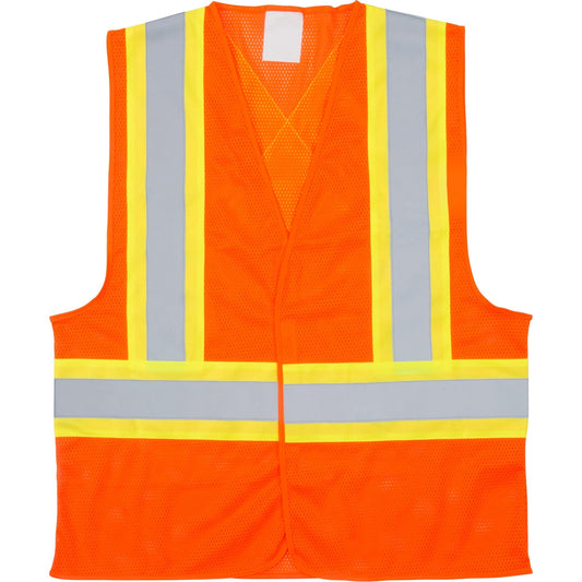 An orange high-visibility safety vest with reflective yellow and silver stripes.