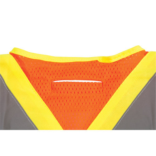 Orange mesh safety vest with yellow reflective stripes and a pen slot.