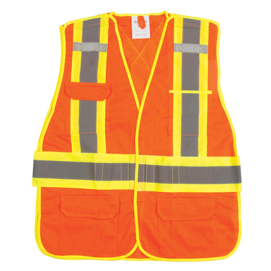 An orange mesh safety vest with reflective gray and yellow stripes and multiple pockets.