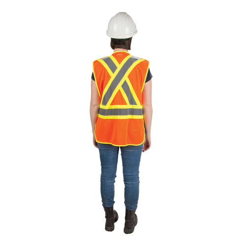 Person wearing an orange high-visibility safety vest, a white hard hat, blue jeans, and dark boots.