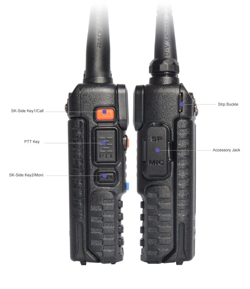 Baofeng BF-F8+ ham radio with labeled buttons and ports for amateur ham radio use