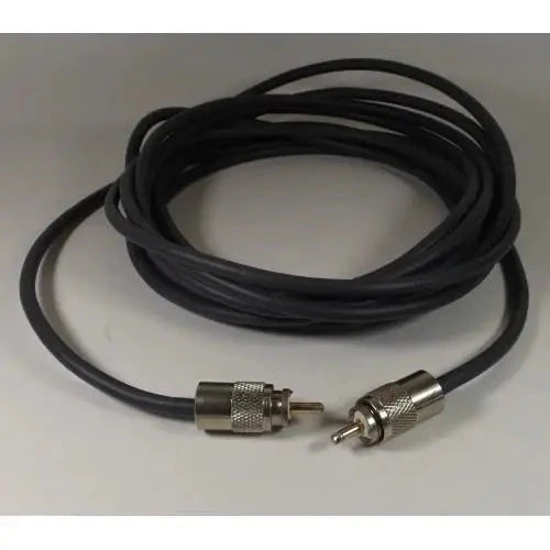 Coiled black coaxial cable with RCA connectors.
