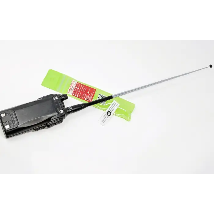 A black two-way radio with a long, extendable silver antenna.