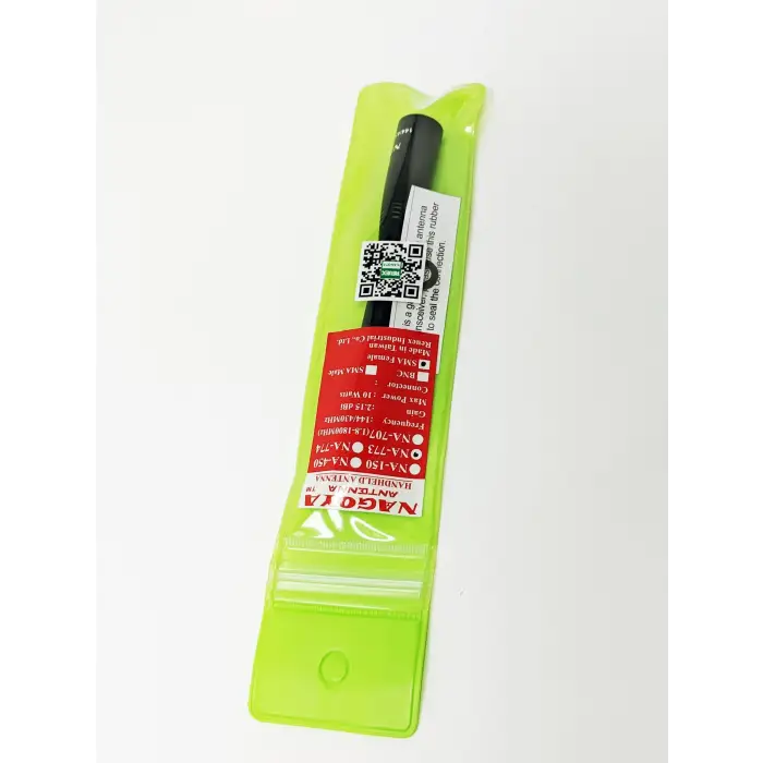 Black antenna in a clear, bright green plastic package.