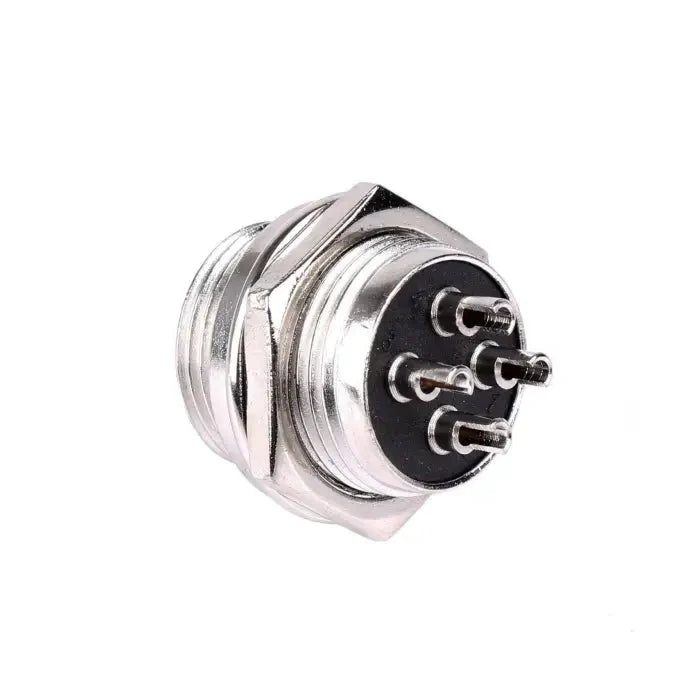 Silver metal connector with five pins.