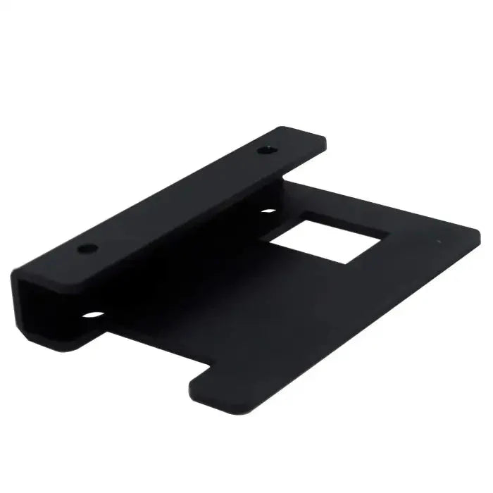 Black metal mounting bracket with a square cutout and screw holes.