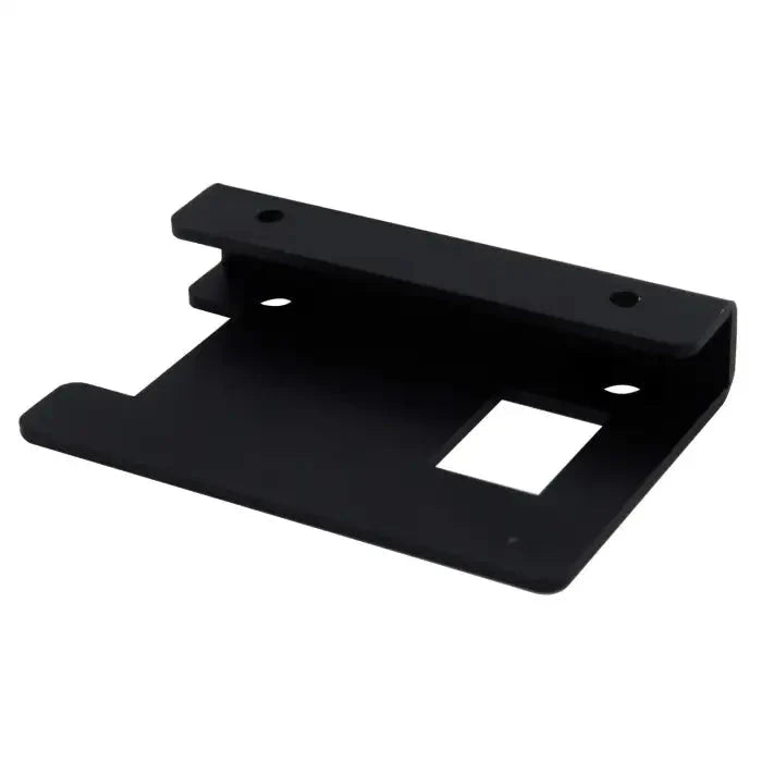 Black metal mounting bracket with screw holes and a rectangular cutout.
