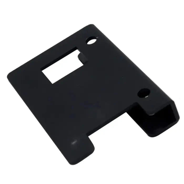 Black plastic mounting bracket or holder with cutouts and holes.
