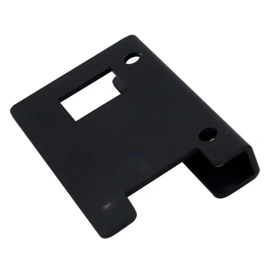 Black plastic mounting bracket or holder with cutouts and holes.