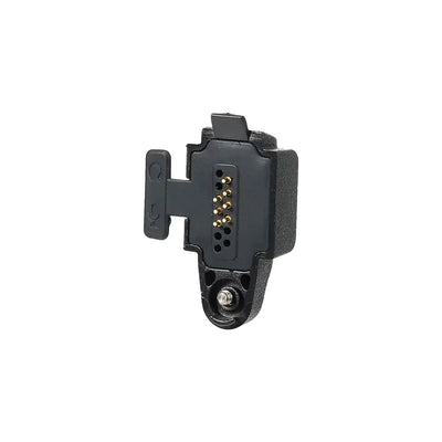 Black electronic connector with gold pins.
