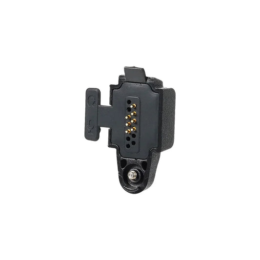 Black electronic connector with gold pins.